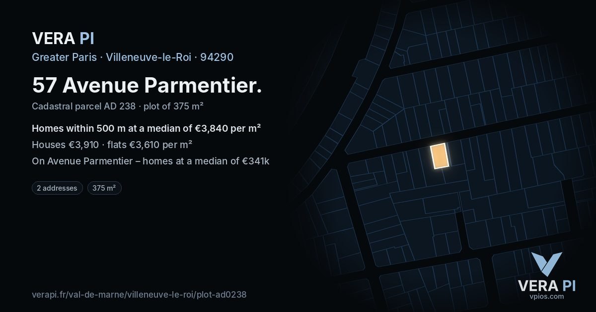 57 Avenue Parmentier, Villeneuve-le-Roi at night – the plot lit, the parcels around coloured by the prices near them