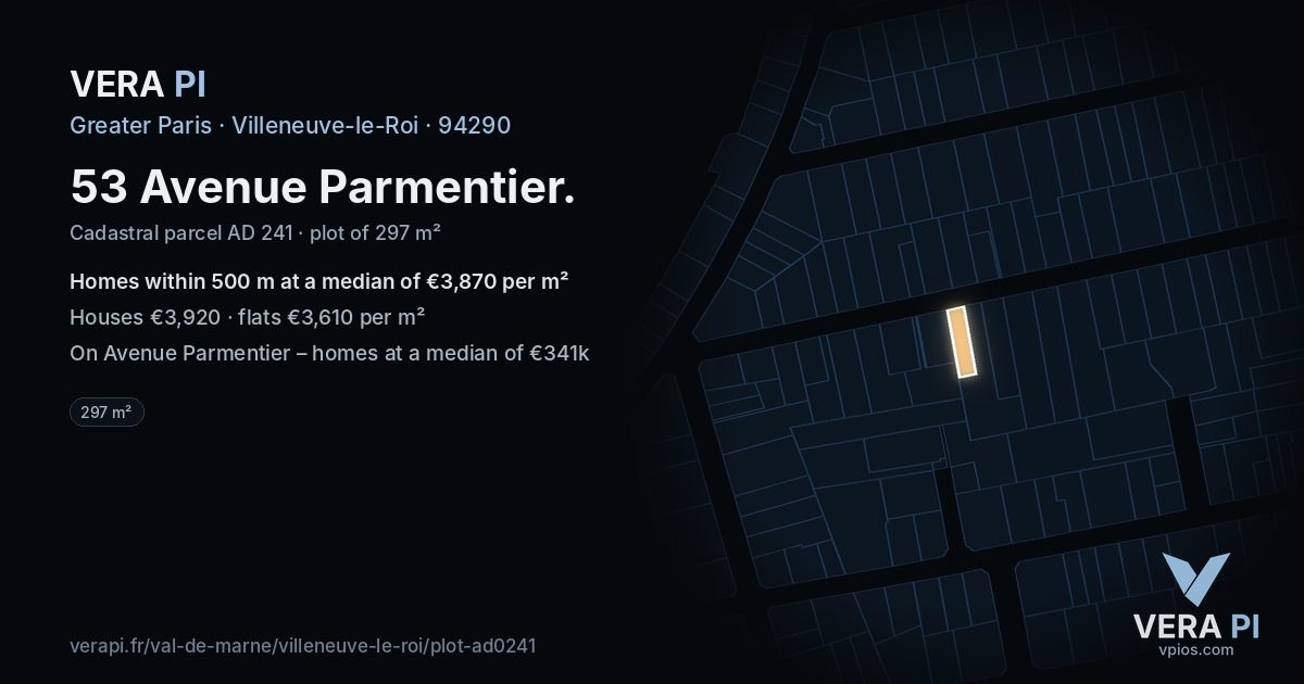 53 Avenue Parmentier, Villeneuve-le-Roi at night – the plot lit, the parcels around coloured by the prices near them