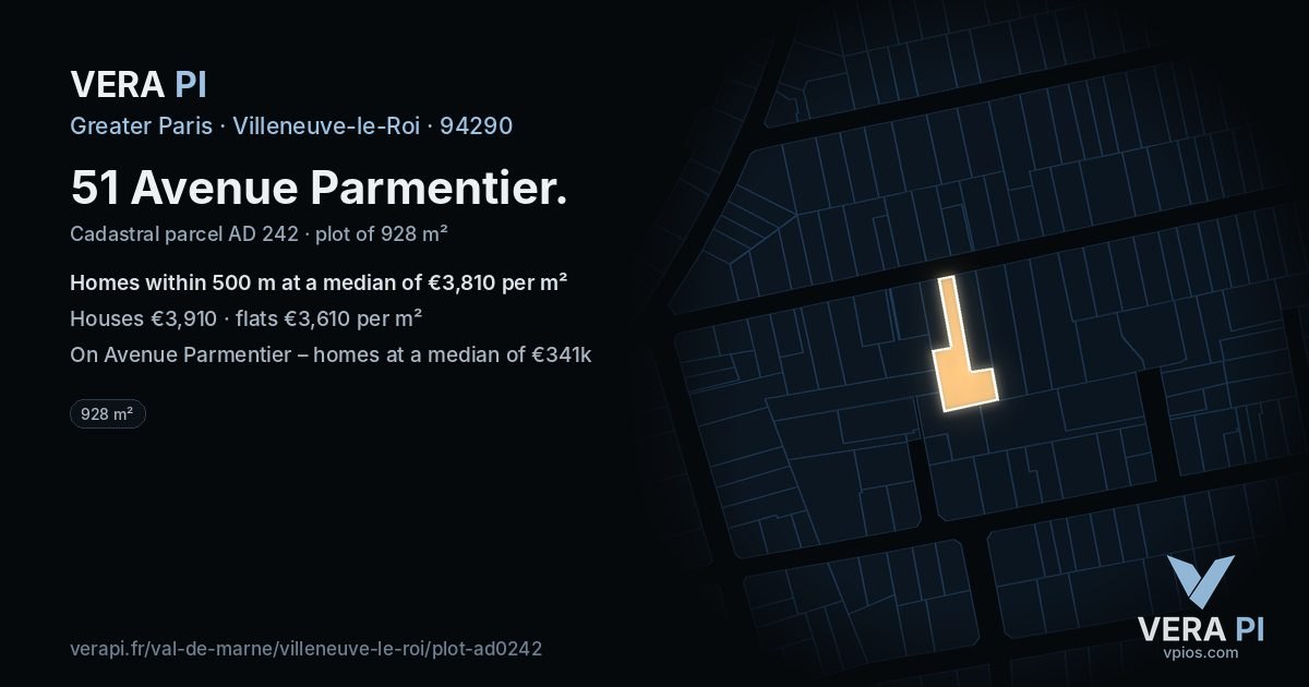 51 Avenue Parmentier, Villeneuve-le-Roi at night – the plot lit, the parcels around coloured by the prices near them