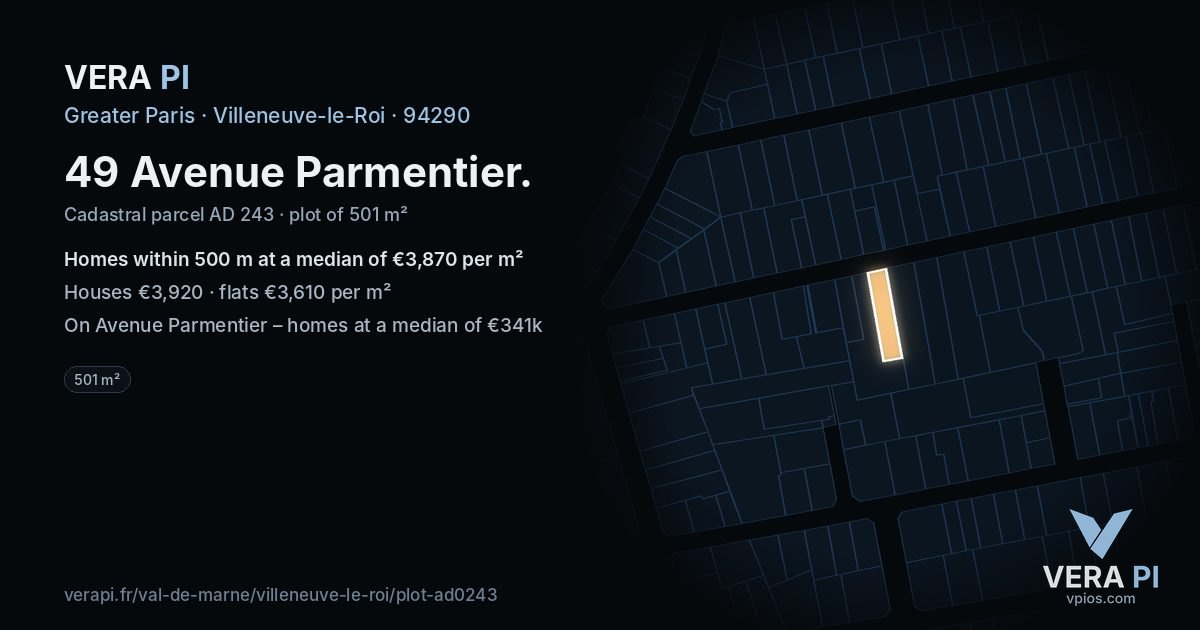 49 Avenue Parmentier, Villeneuve-le-Roi at night – the plot lit, the parcels around coloured by the prices near them