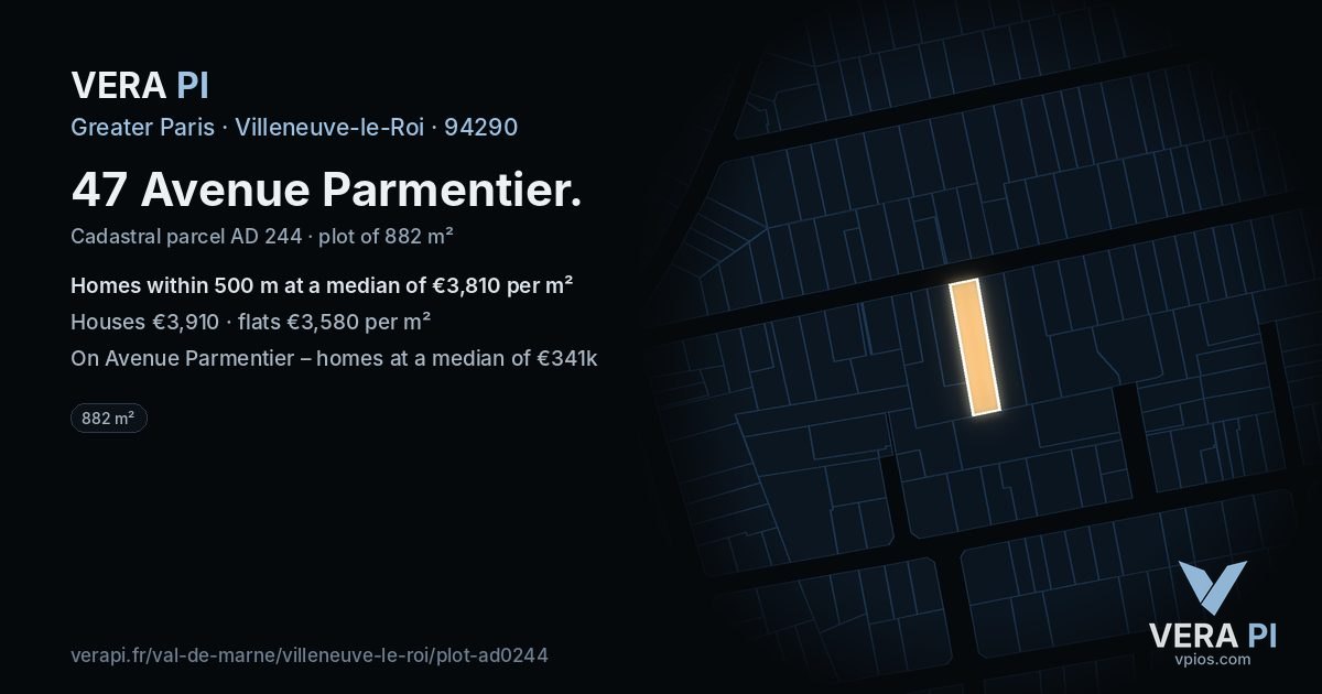 47 Avenue Parmentier, Villeneuve-le-Roi at night – the plot lit, the parcels around coloured by the prices near them