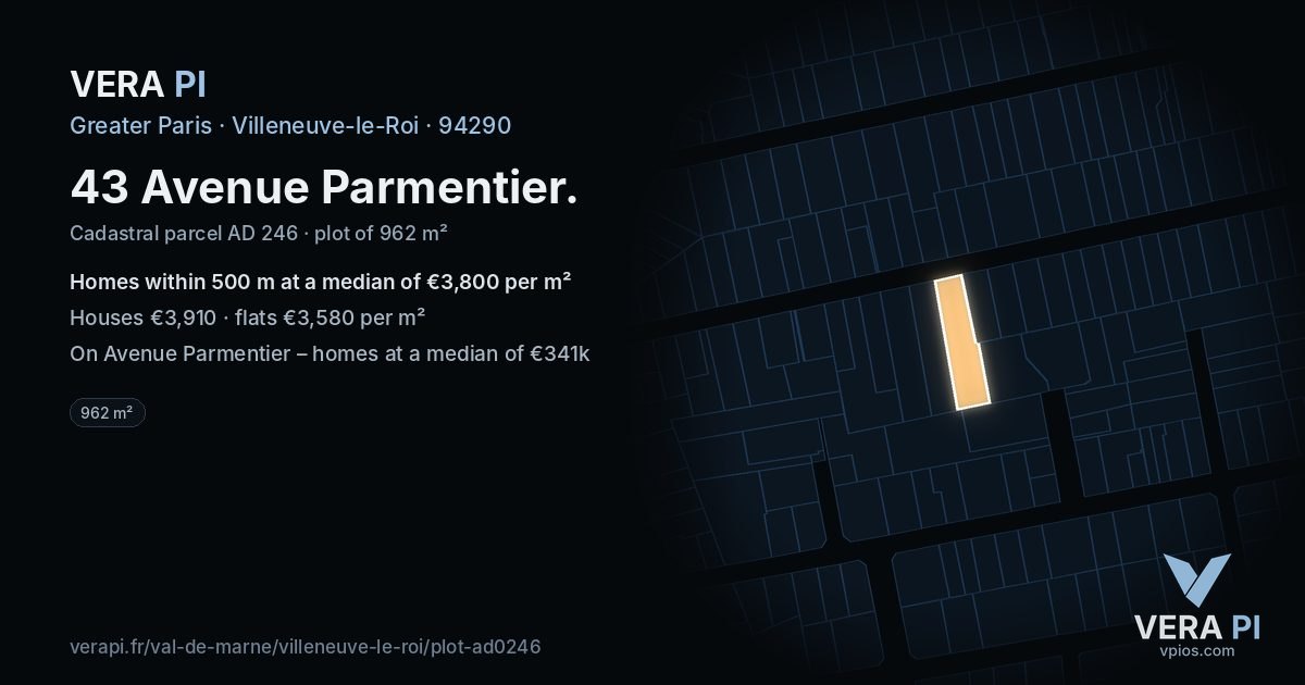 43 Avenue Parmentier, Villeneuve-le-Roi at night – the plot lit, the parcels around coloured by the prices near them