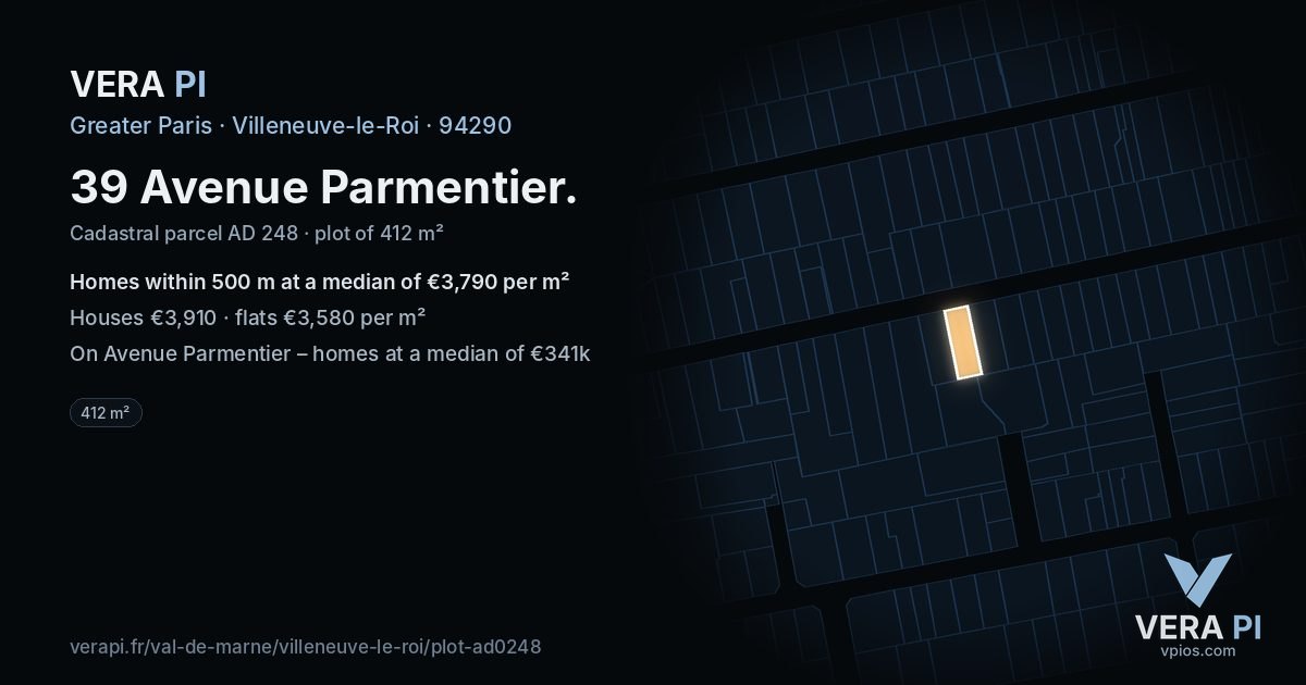 39 Avenue Parmentier, Villeneuve-le-Roi at night – the plot lit, the parcels around coloured by the prices near them