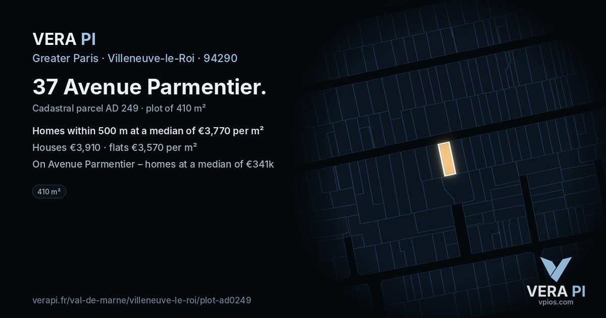 37 Avenue Parmentier, Villeneuve-le-Roi at night – the plot lit, the parcels around coloured by the prices near them