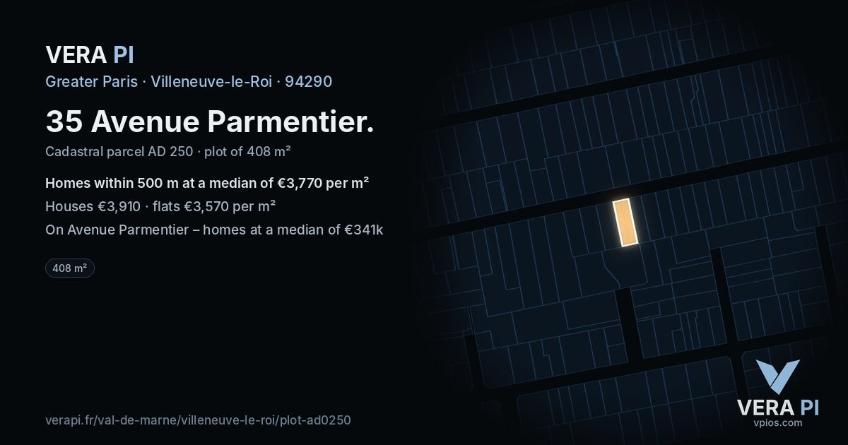 35 Avenue Parmentier, Villeneuve-le-Roi at night – the plot lit, the parcels around coloured by the prices near them