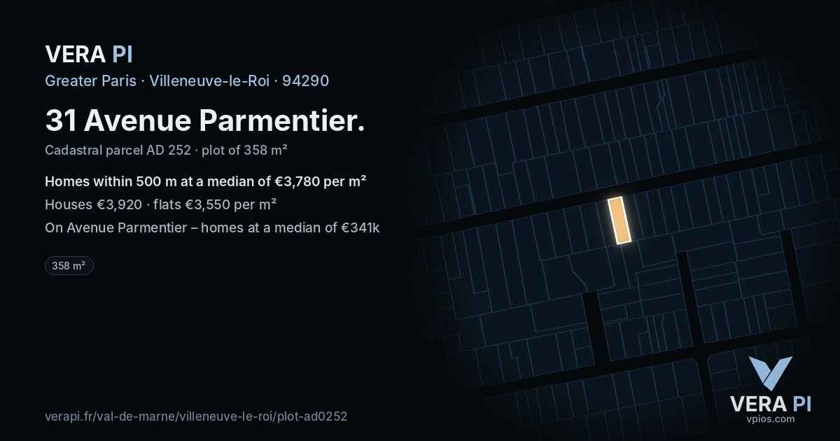 31 Avenue Parmentier, Villeneuve-le-Roi at night – the plot lit, the parcels around coloured by the prices near them