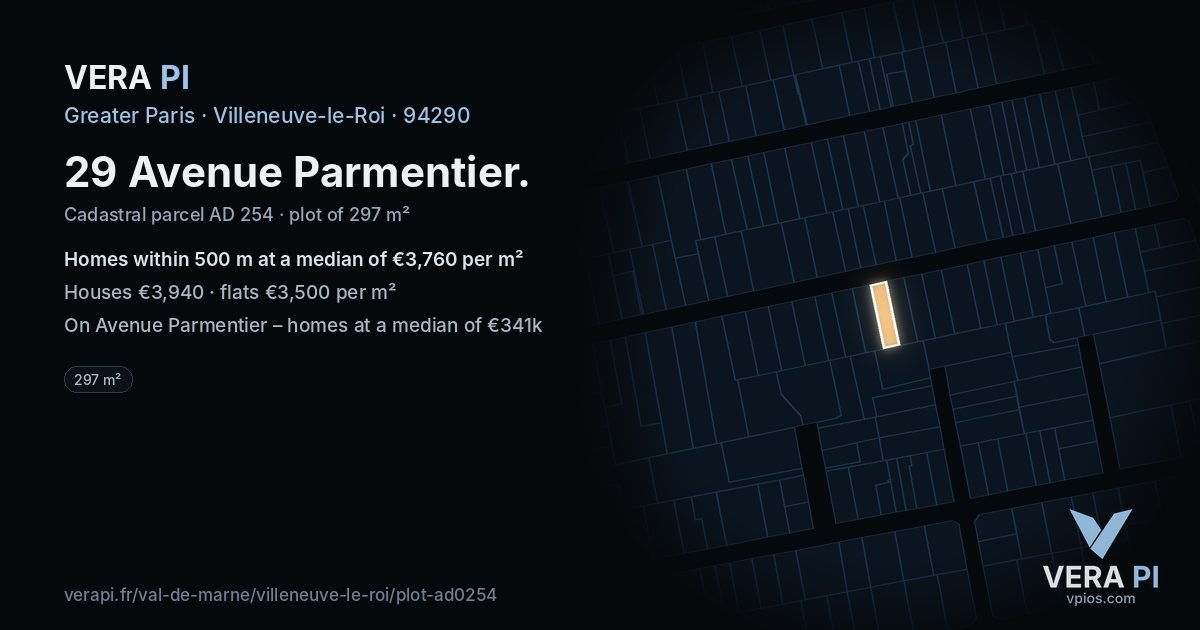 29 Avenue Parmentier, Villeneuve-le-Roi at night – the plot lit, the parcels around coloured by the prices near them