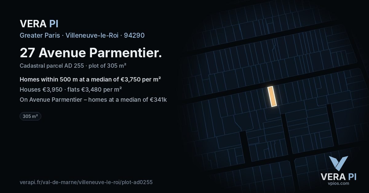 27 Avenue Parmentier, Villeneuve-le-Roi at night – the plot lit, the parcels around coloured by the prices near them