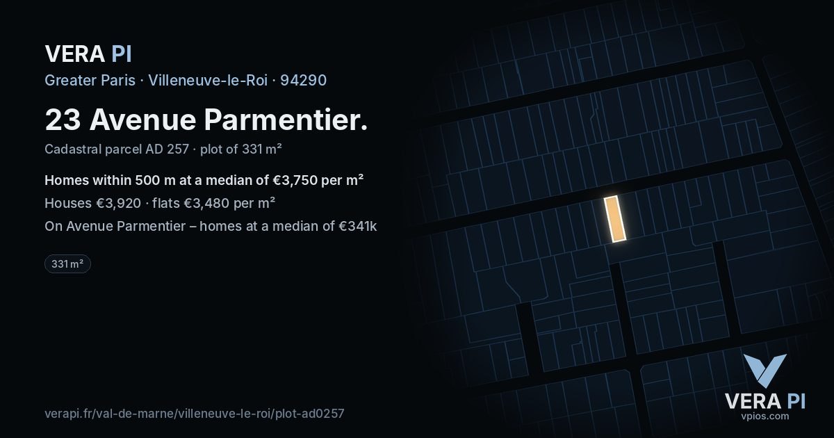 23 Avenue Parmentier, Villeneuve-le-Roi at night – the plot lit, the parcels around coloured by the prices near them