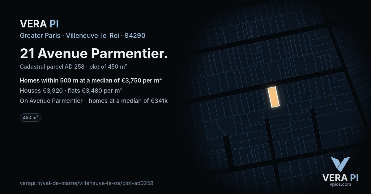 21 Avenue Parmentier, Villeneuve-le-Roi at night – the plot lit, the parcels around coloured by the prices near them