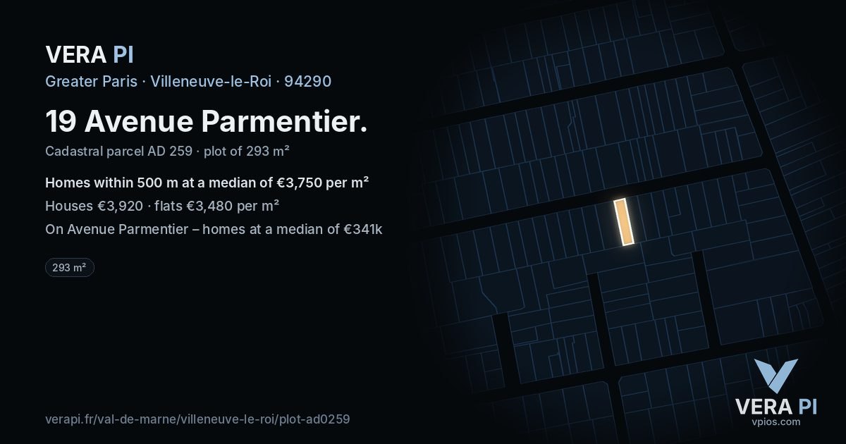 19 Avenue Parmentier, Villeneuve-le-Roi at night – the plot lit, the parcels around coloured by the prices near them