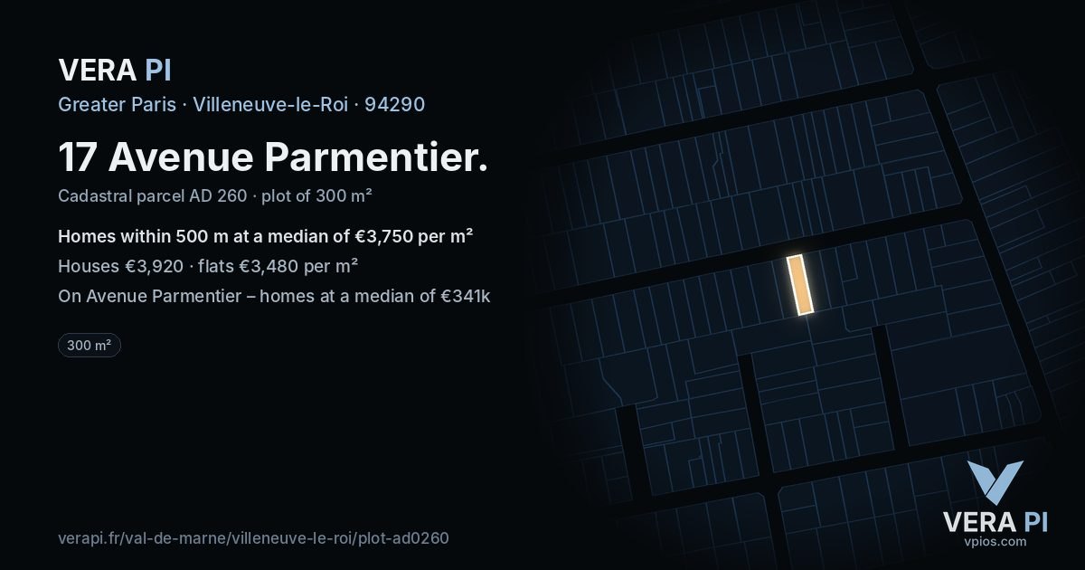 17 Avenue Parmentier, Villeneuve-le-Roi at night – the plot lit, the parcels around coloured by the prices near them