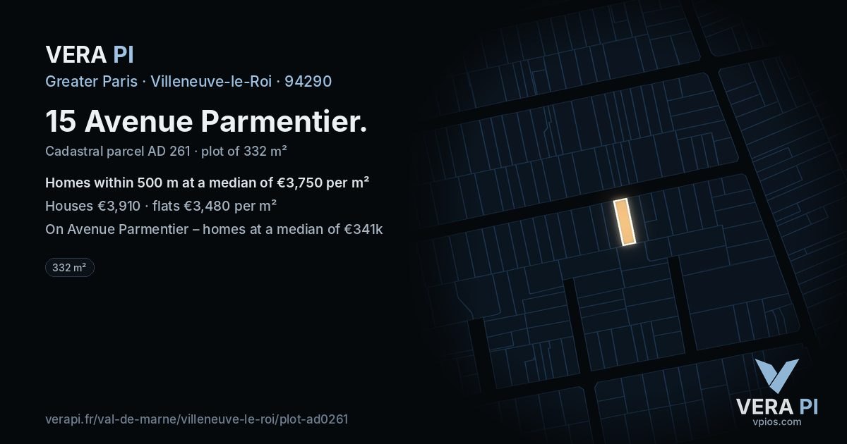 15 Avenue Parmentier, Villeneuve-le-Roi at night – the plot lit, the parcels around coloured by the prices near them