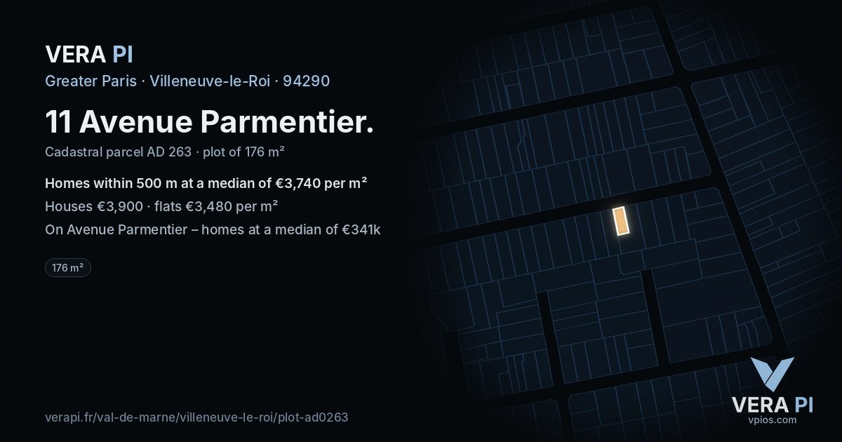 11 Avenue Parmentier, Villeneuve-le-Roi at night – the plot lit, the parcels around coloured by the prices near them