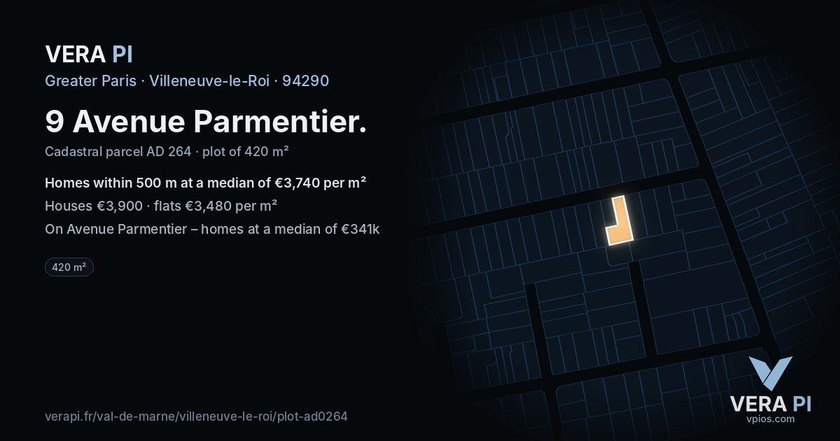 9 Avenue Parmentier, Villeneuve-le-Roi at night – the plot lit, the parcels around coloured by the prices near them