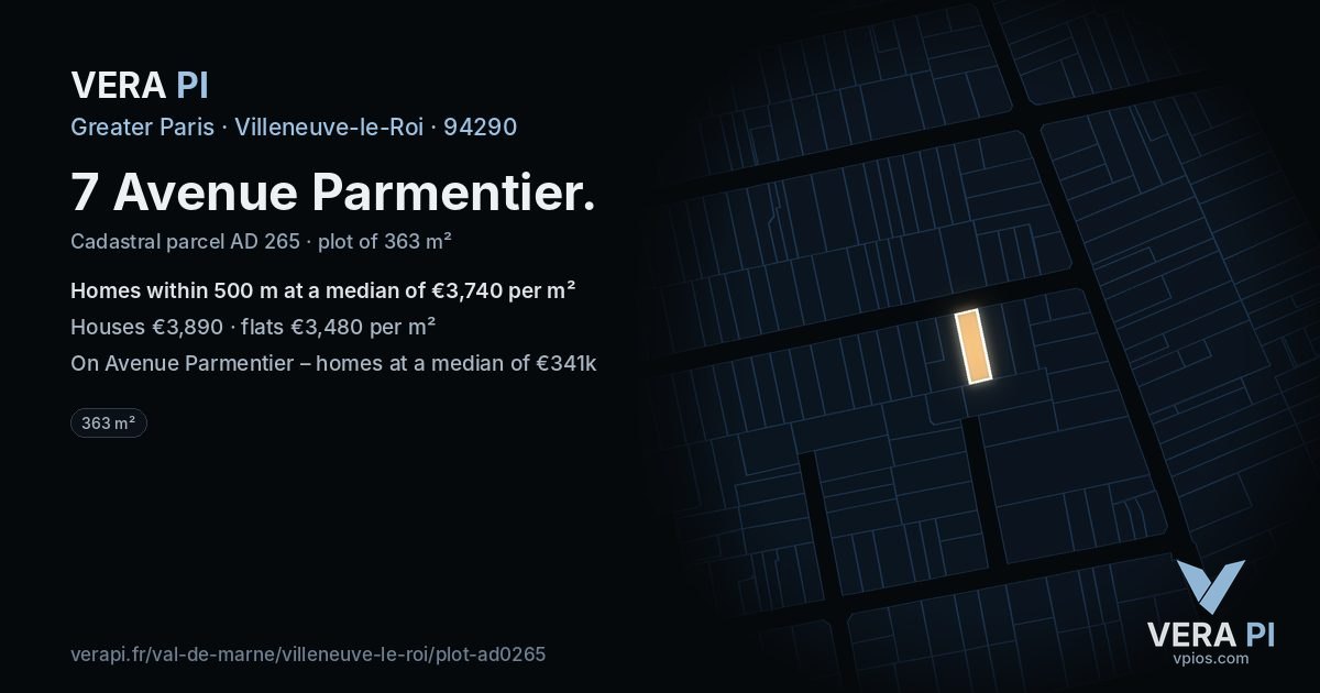 7 Avenue Parmentier, Villeneuve-le-Roi at night – the plot lit, the parcels around coloured by the prices near them