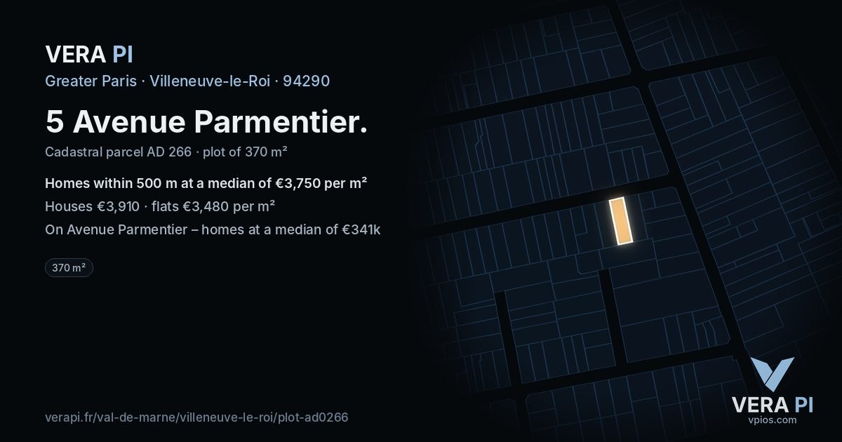 5 Avenue Parmentier, Villeneuve-le-Roi at night – the plot lit, the parcels around coloured by the prices near them