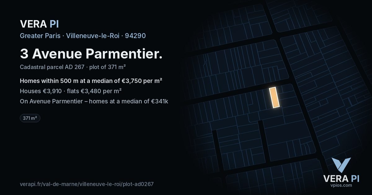 3 Avenue Parmentier, Villeneuve-le-Roi at night – the plot lit, the parcels around coloured by the prices near them