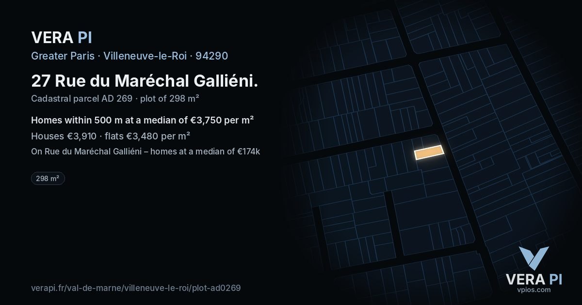 27 Rue du Maréchal Galliéni, Villeneuve-le-Roi at night – the plot lit, the parcels around coloured by the prices near them