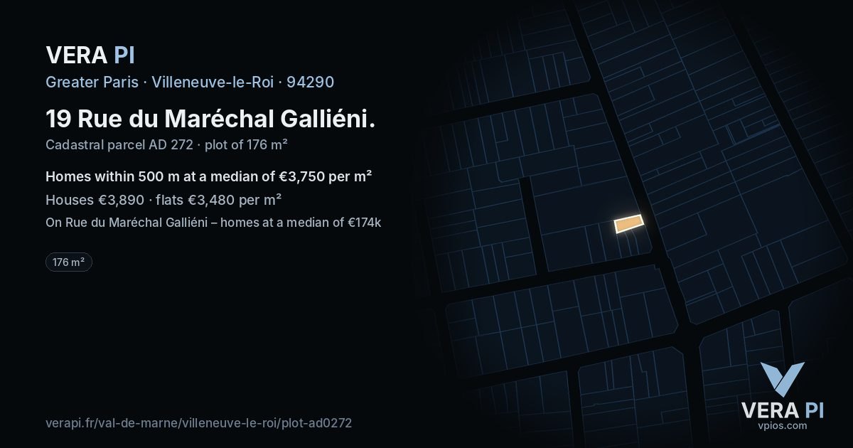 19 Rue du Maréchal Galliéni, Villeneuve-le-Roi at night – the plot lit, the parcels around coloured by the prices near them