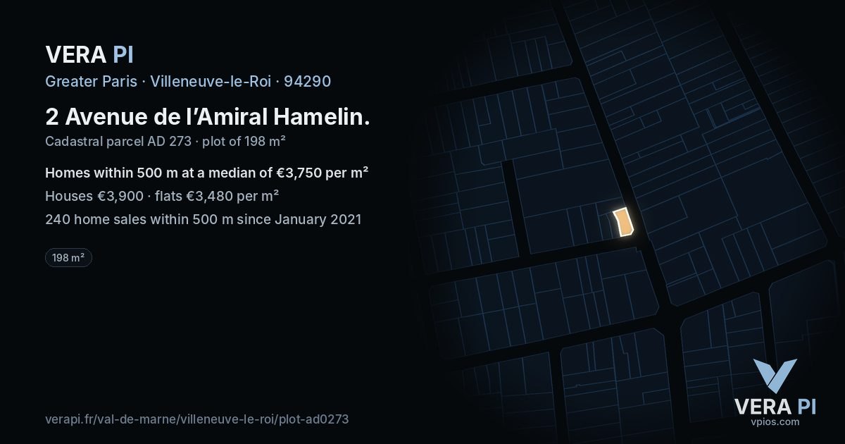 2 Avenue de l’Amiral Hamelin, Villeneuve-le-Roi at night – the plot lit, the parcels around coloured by the prices near them