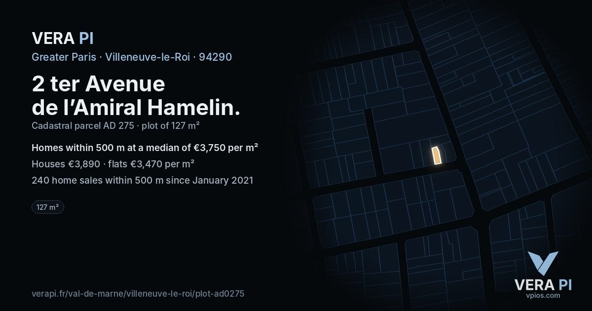2 ter Avenue de l’Amiral Hamelin, Villeneuve-le-Roi at night – the plot lit, the parcels around coloured by the prices near them
