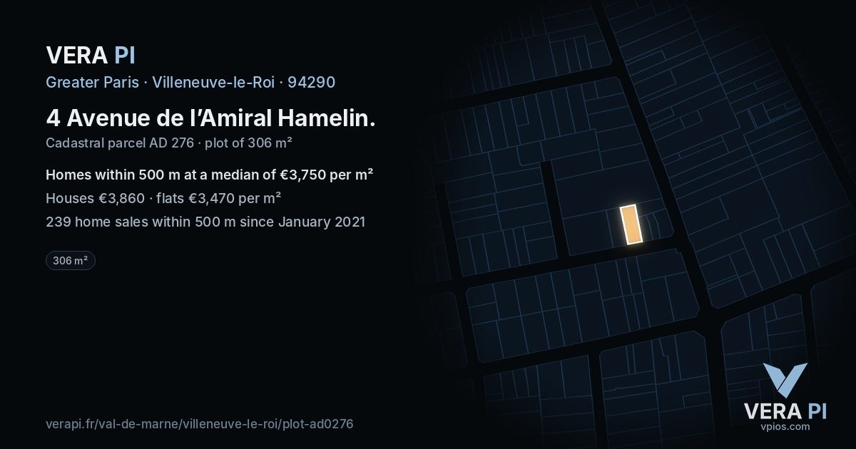 4 Avenue de l’Amiral Hamelin, Villeneuve-le-Roi at night – the plot lit, the parcels around coloured by the prices near them