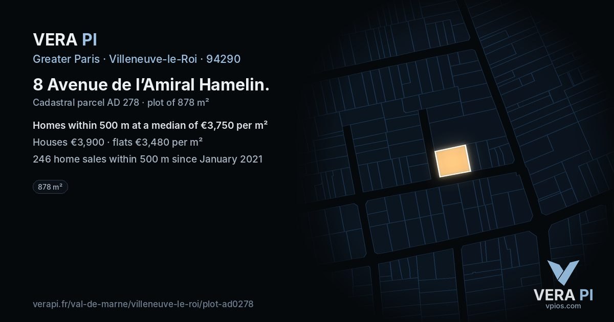 8 Avenue de l’Amiral Hamelin, Villeneuve-le-Roi at night – the plot lit, the parcels around coloured by the prices near them