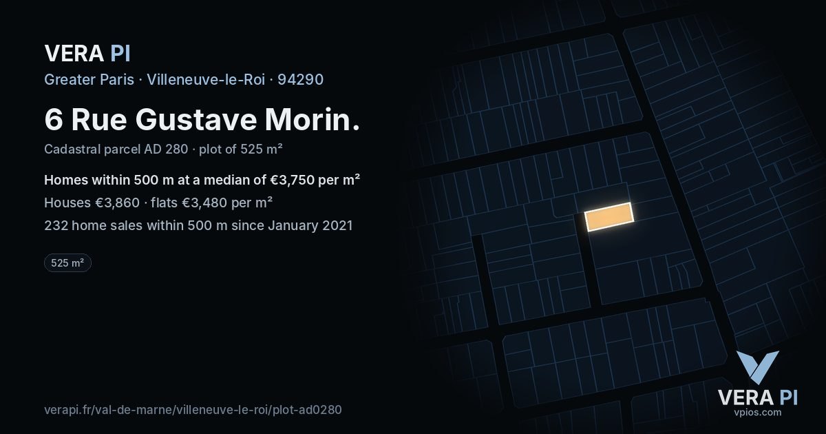 6 Rue Gustave Morin, Villeneuve-le-Roi at night – the plot lit, the parcels around coloured by the prices near them