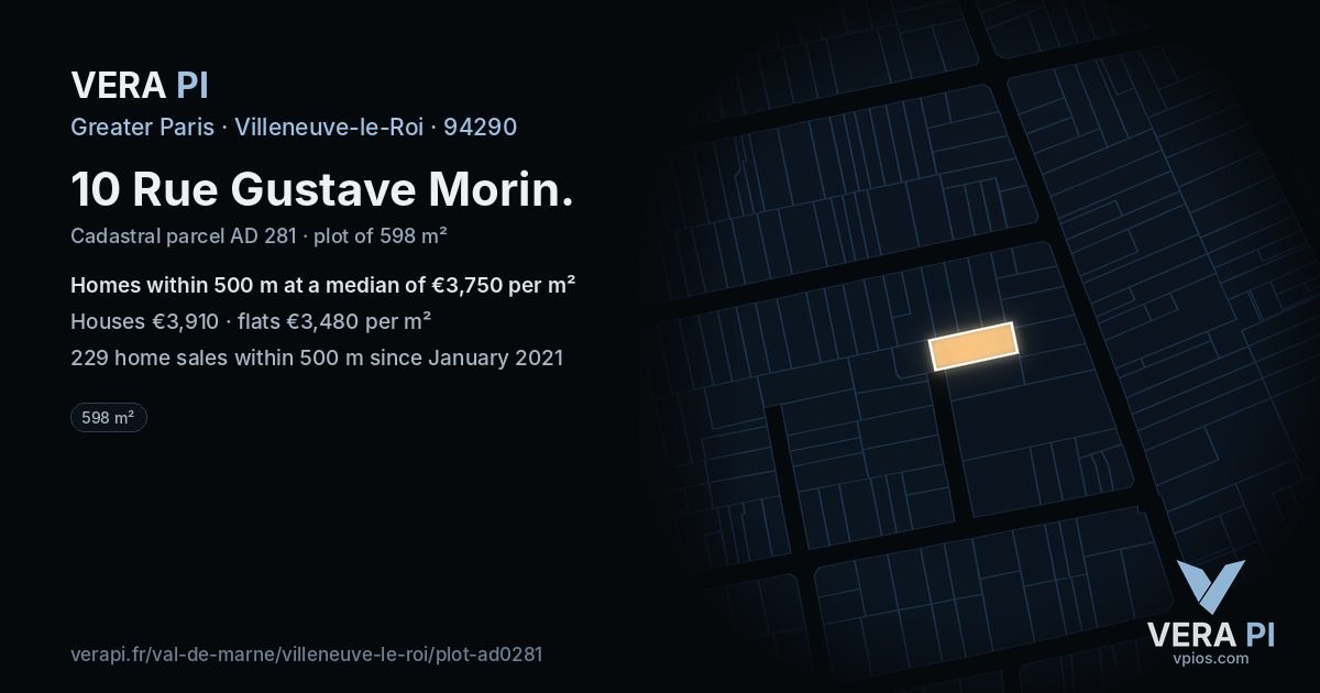 10 Rue Gustave Morin, Villeneuve-le-Roi at night – the plot lit, the parcels around coloured by the prices near them