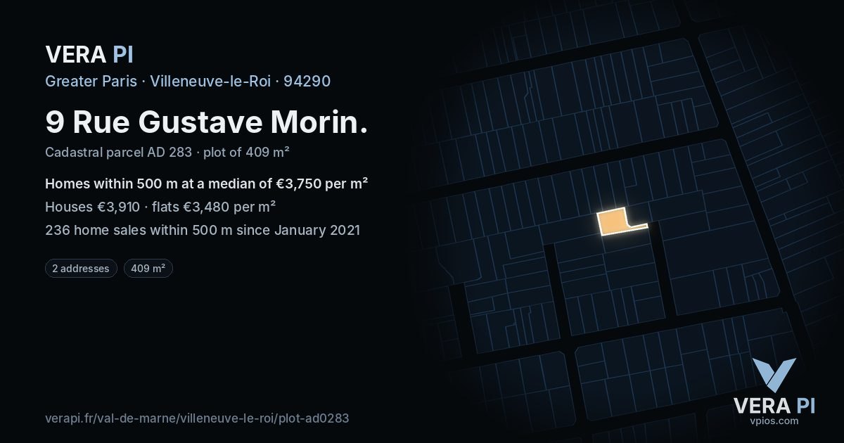 9 Rue Gustave Morin, Villeneuve-le-Roi at night – the plot lit, the parcels around coloured by the prices near them