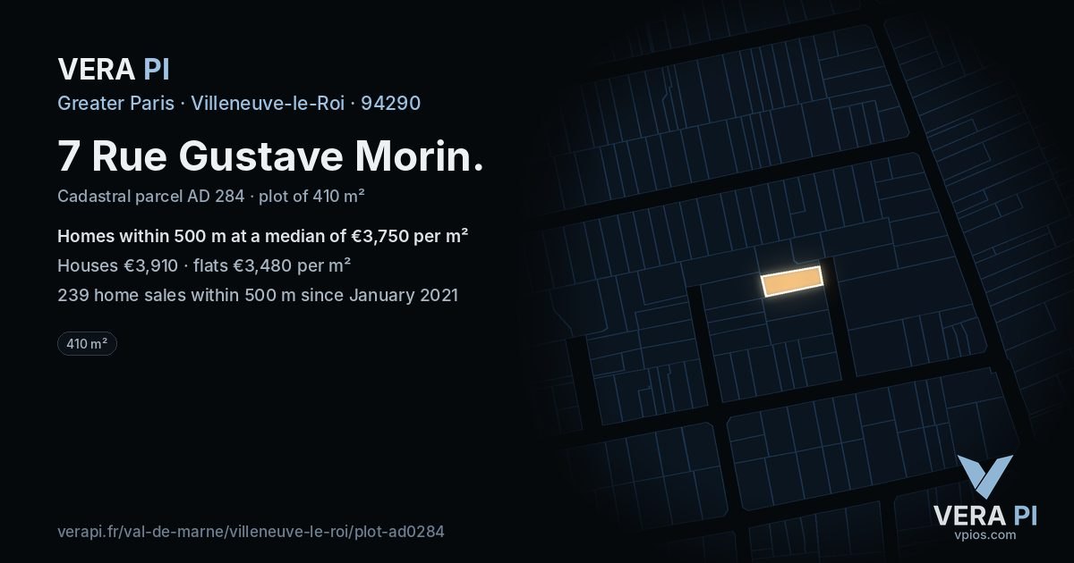 7 Rue Gustave Morin, Villeneuve-le-Roi at night – the plot lit, the parcels around coloured by the prices near them