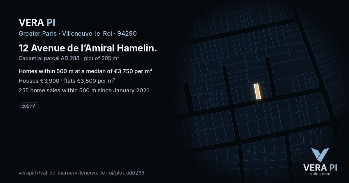 12 Avenue de l’Amiral Hamelin, Villeneuve-le-Roi at night – the plot lit, the parcels around coloured by the prices near them