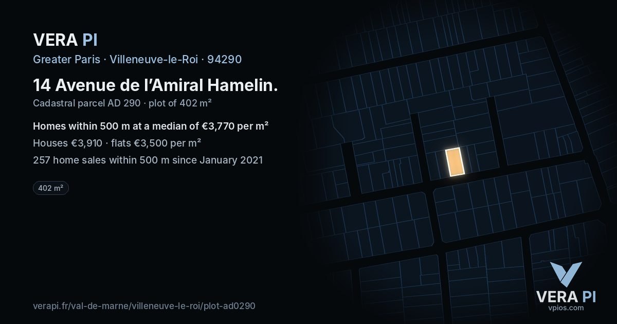 14 Avenue de l’Amiral Hamelin, Villeneuve-le-Roi at night – the plot lit, the parcels around coloured by the prices near them