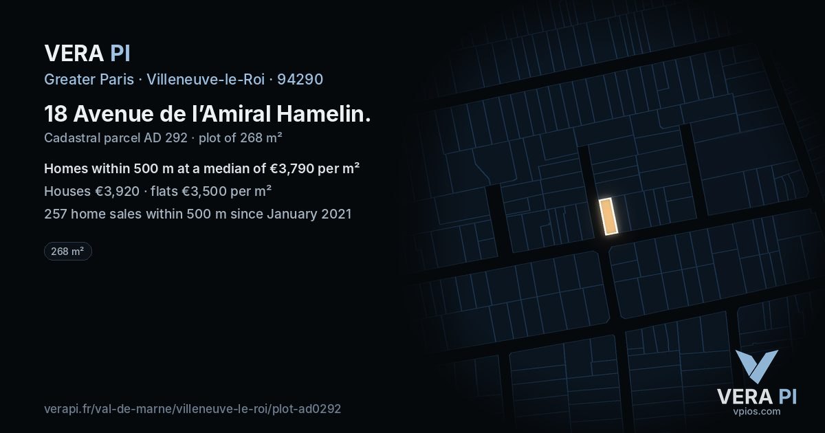 18 Avenue de l’Amiral Hamelin, Villeneuve-le-Roi at night – the plot lit, the parcels around coloured by the prices near them