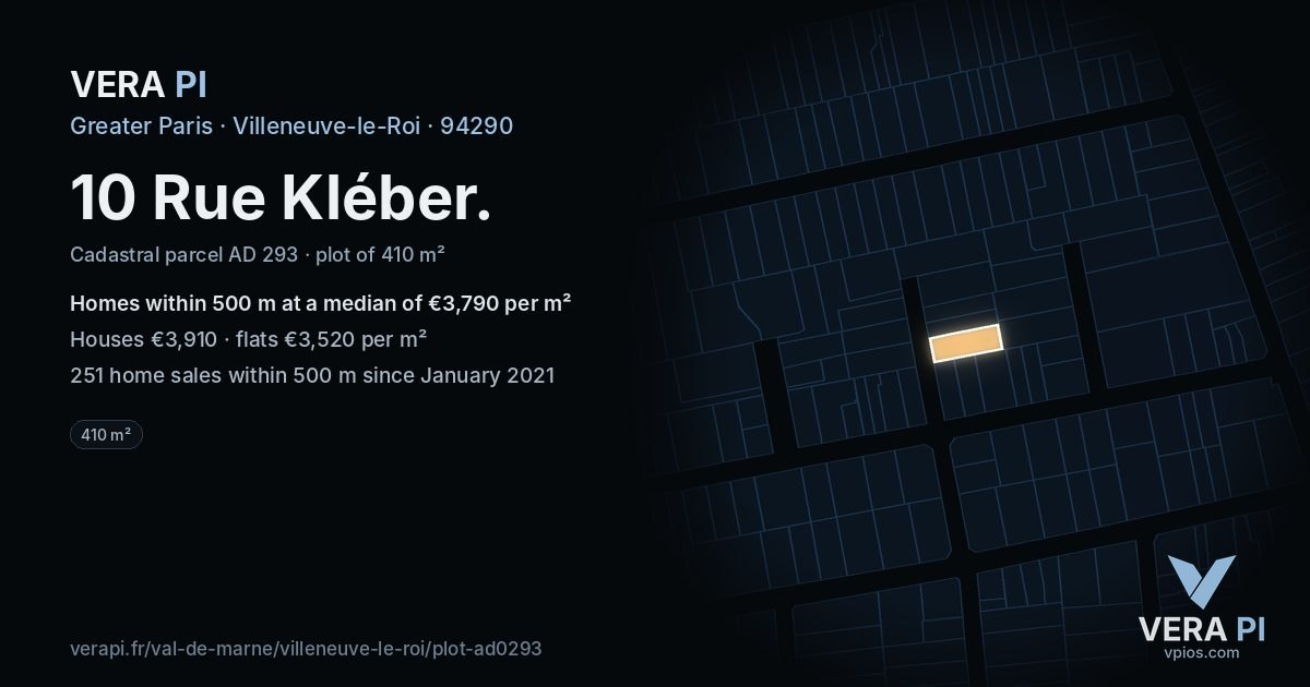 10 Rue Kléber, Villeneuve-le-Roi at night – the plot lit, the parcels around coloured by the prices near them