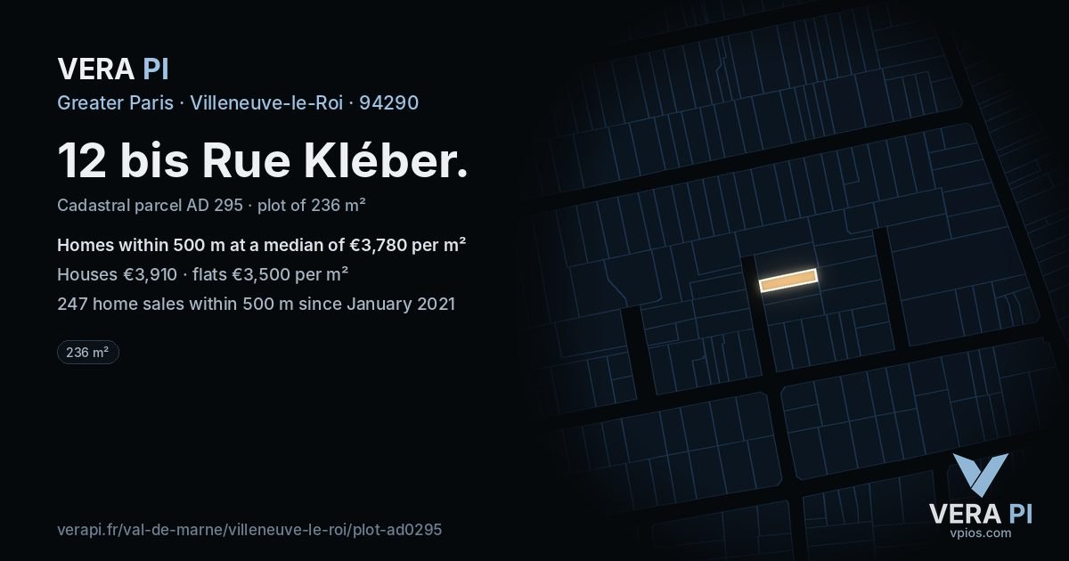 12 bis Rue Kléber, Villeneuve-le-Roi at night – the plot lit, the parcels around coloured by the prices near them