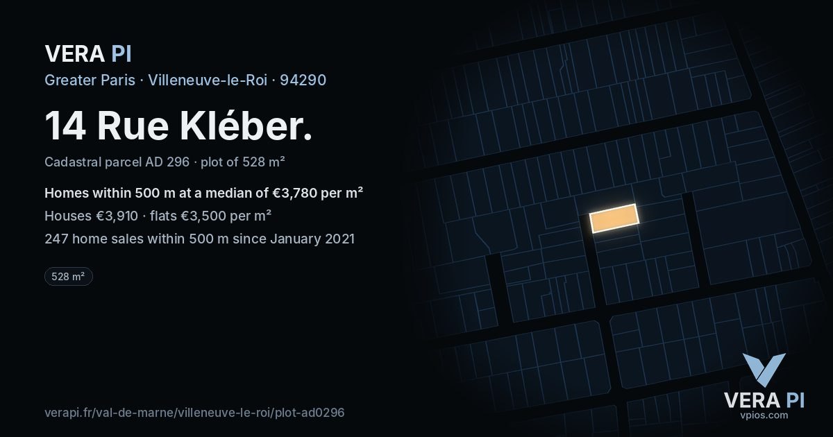 14 Rue Kléber, Villeneuve-le-Roi at night – the plot lit, the parcels around coloured by the prices near them