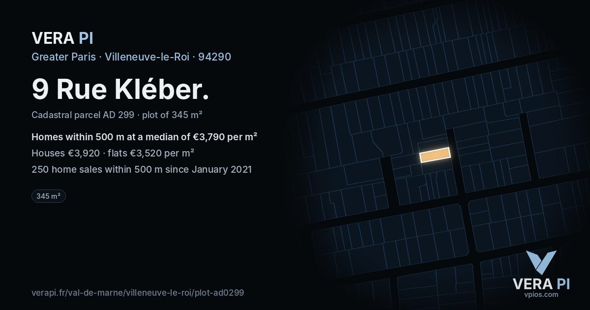 9 Rue Kléber, Villeneuve-le-Roi at night – the plot lit, the parcels around coloured by the prices near them