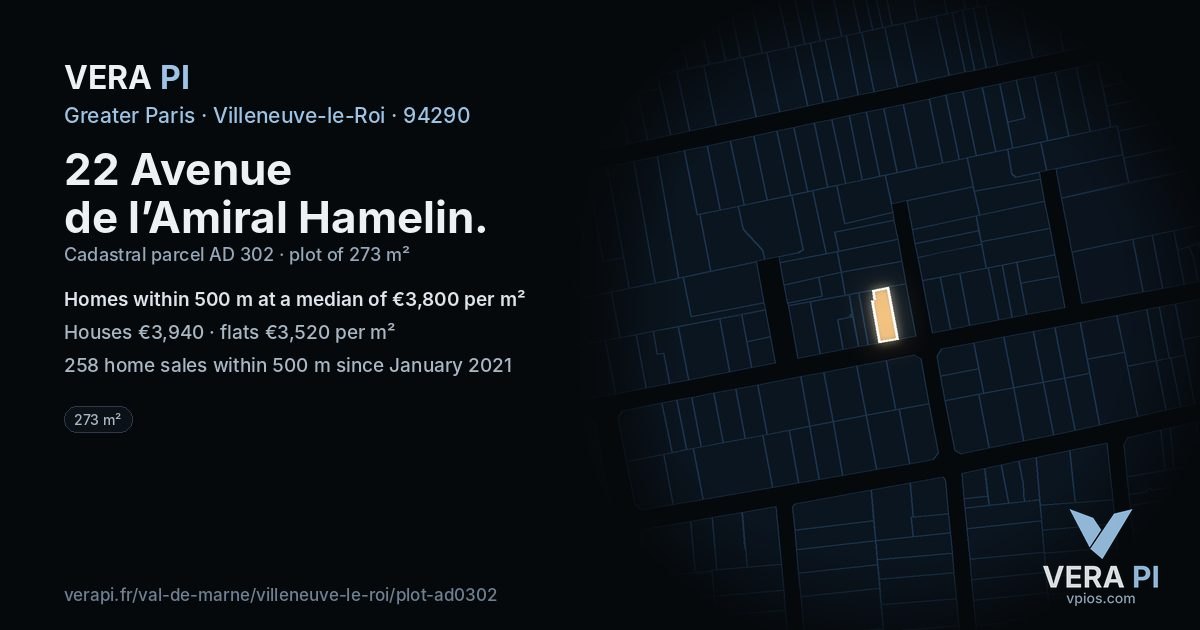 22 Avenue de l’Amiral Hamelin, Villeneuve-le-Roi at night – the plot lit, the parcels around coloured by the prices near them