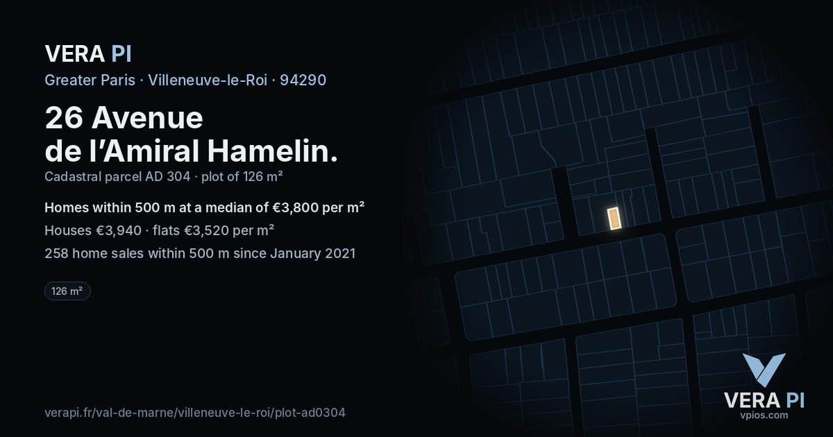 26 Avenue de l’Amiral Hamelin, Villeneuve-le-Roi at night – the plot lit, the parcels around coloured by the prices near them
