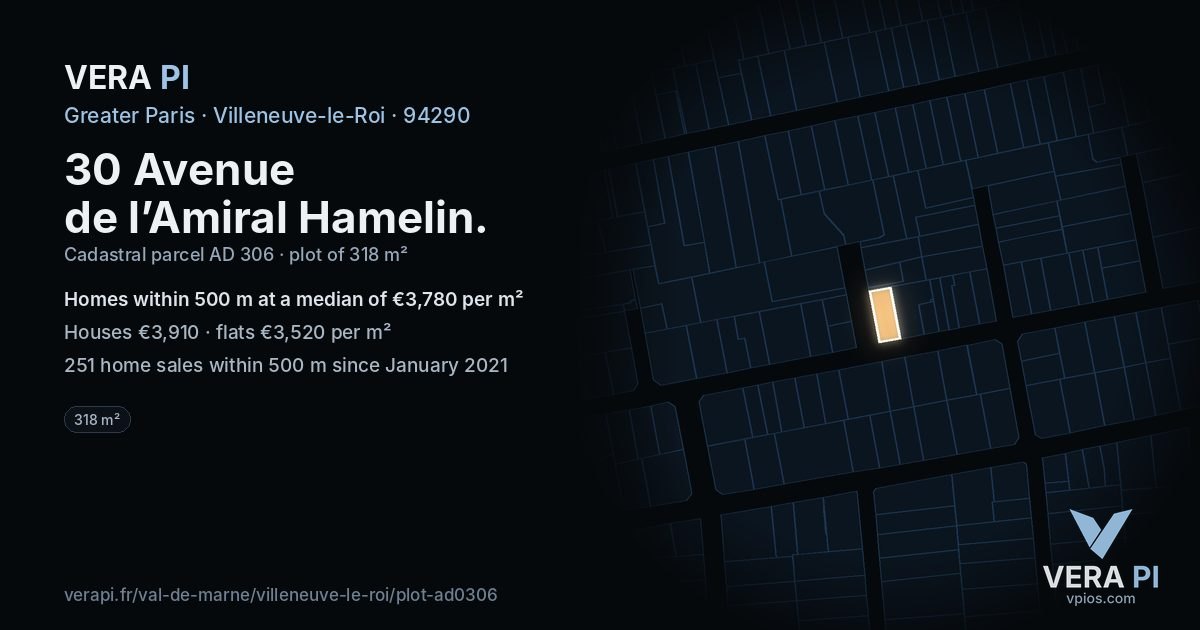 30 Avenue de l’Amiral Hamelin, Villeneuve-le-Roi at night – the plot lit, the parcels around coloured by the prices near them