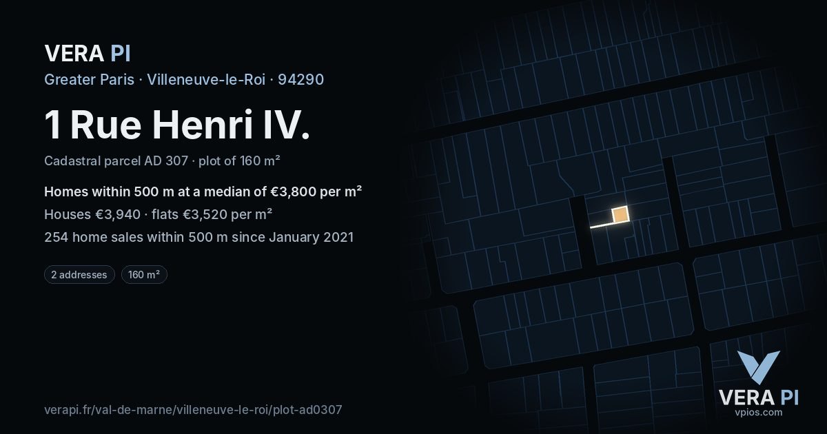 1 Rue Henri IV, Villeneuve-le-Roi at night – the plot lit, the parcels around coloured by the prices near them