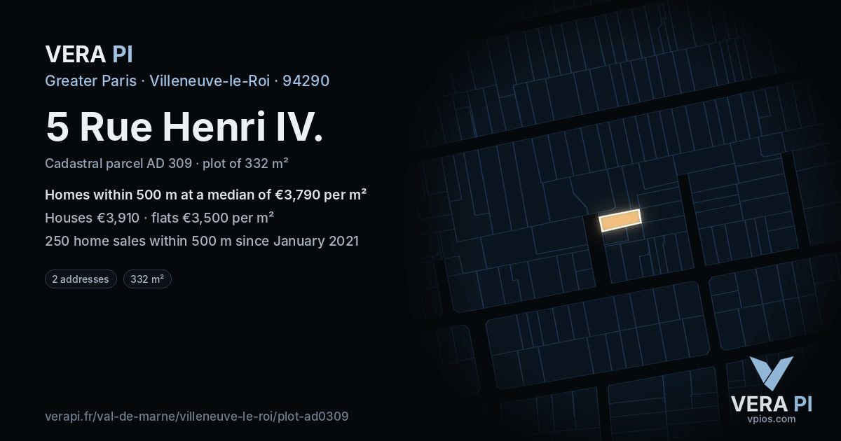 5 Rue Henri IV, Villeneuve-le-Roi at night – the plot lit, the parcels around coloured by the prices near them