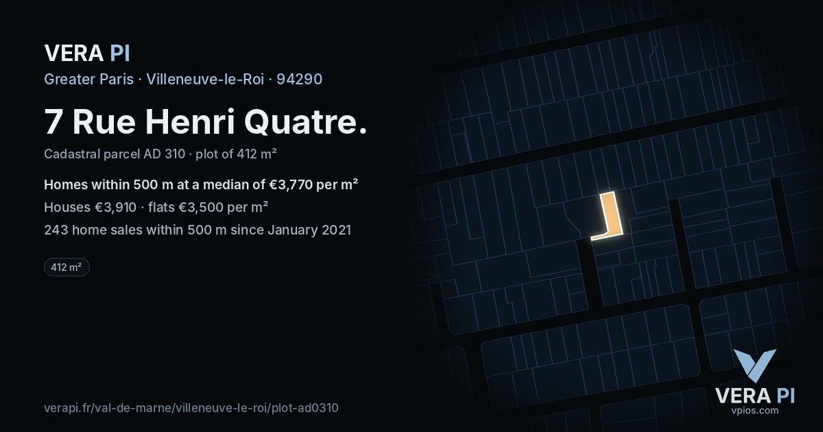 7 Rue Henri Quatre, Villeneuve-le-Roi at night – the plot lit, the parcels around coloured by the prices near them
