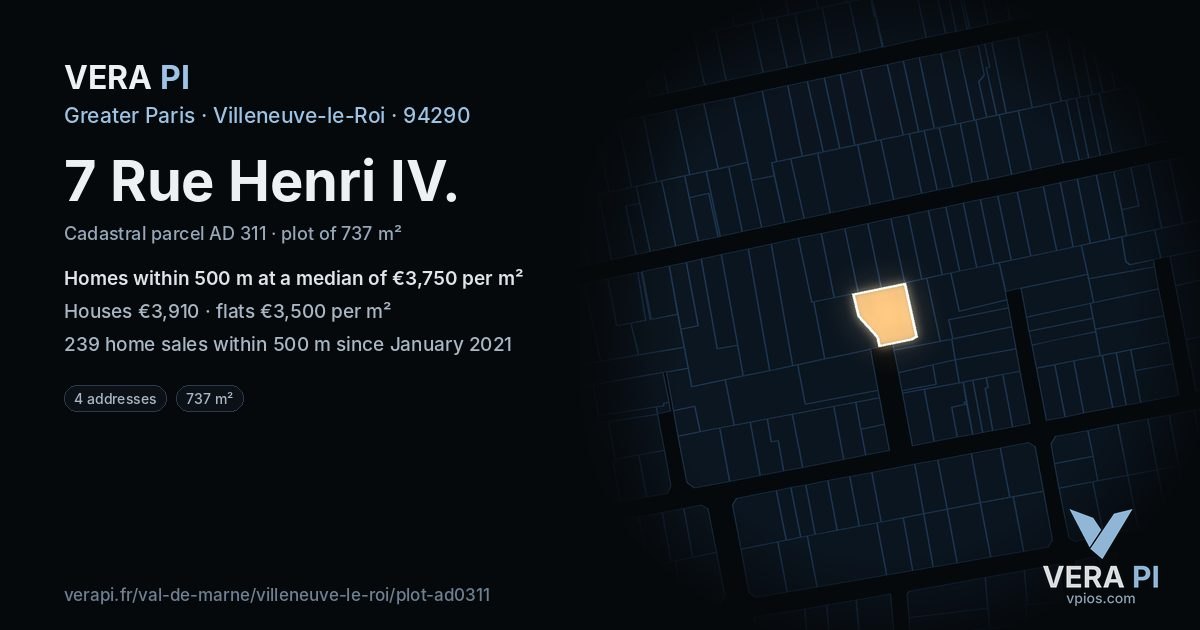 7 Rue Henri IV, Villeneuve-le-Roi at night – the plot lit, the parcels around coloured by the prices near them