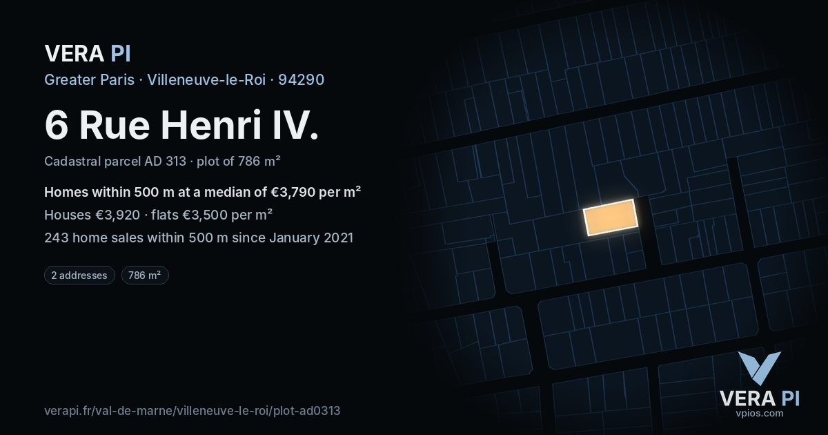 6 Rue Henri IV, Villeneuve-le-Roi at night – the plot lit, the parcels around coloured by the prices near them