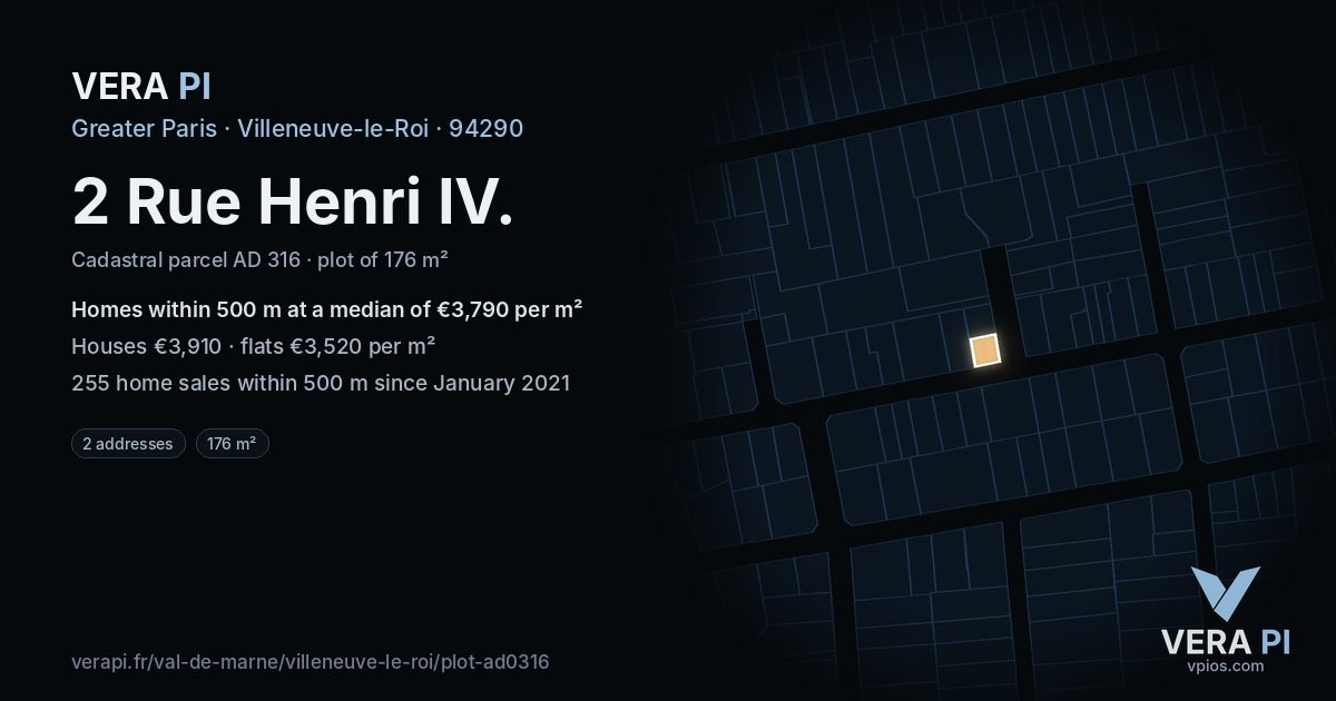2 Rue Henri IV, Villeneuve-le-Roi at night – the plot lit, the parcels around coloured by the prices near them