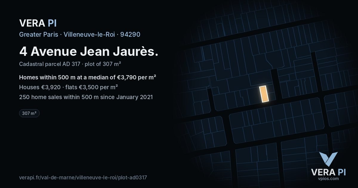 4 Avenue Jean Jaurès, Villeneuve-le-Roi at night – the plot lit, the parcels around coloured by the prices near them