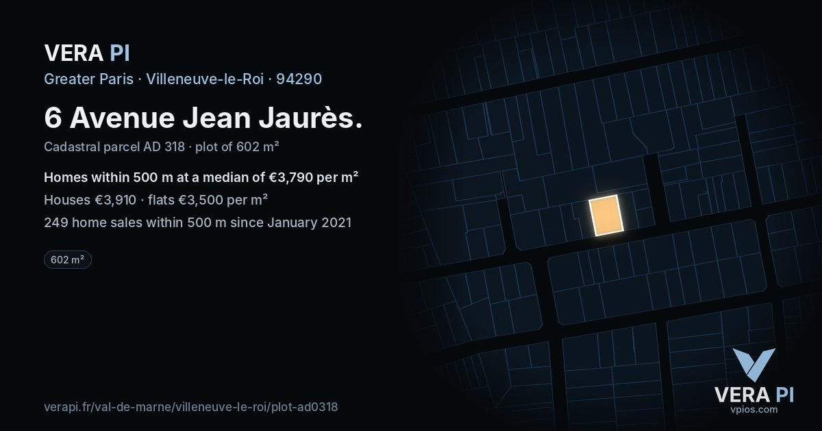 6 Avenue Jean Jaurès, Villeneuve-le-Roi at night – the plot lit, the parcels around coloured by the prices near them